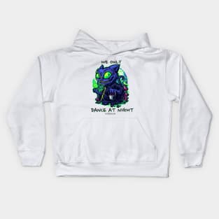 Techno cat - We only dance at night - Catsondrugs.com - rave, edm, festival, techno, trippy, music, 90s rave, psychedelic, party, trance, rave music, rave krispies, Kids Hoodie